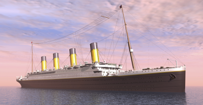 Image of the Titanic at sea against a sunset backdrop
